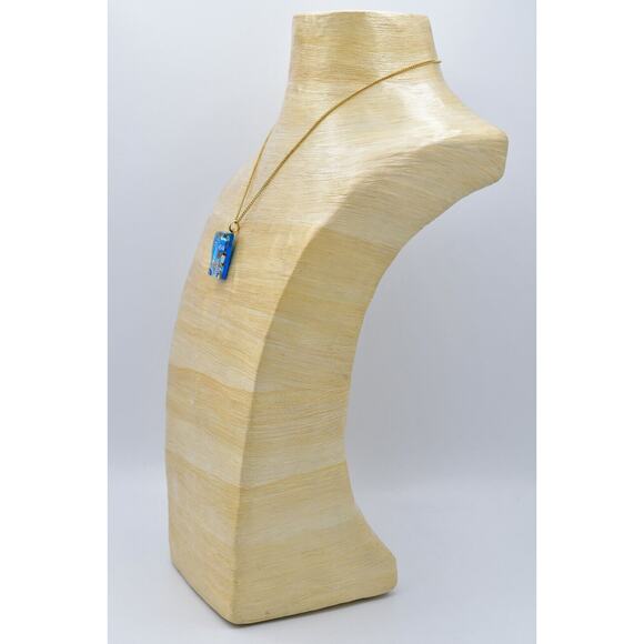 Artisan Handblown Glass Pendant Foil Blue Flower Rectangle Gold Tone Chain BinM - Picture 12 of 12